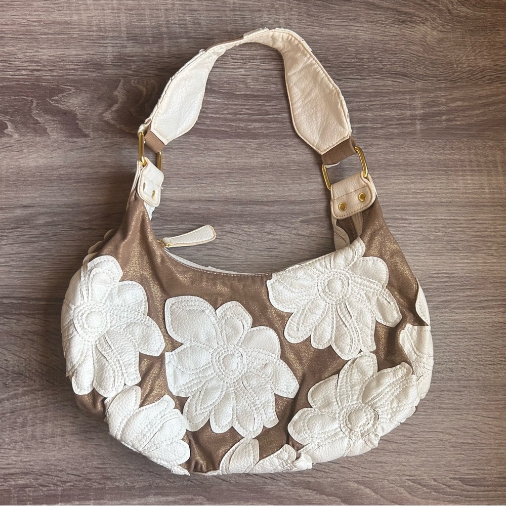 Big Buddha Tan Hobo with White Floral Appliqués and Gold Hardware